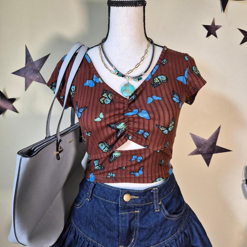 Rue21 Womens Y2K Ribbed Butteryfly Keyhole Crop XS Fairycore Whimsigoth Festival